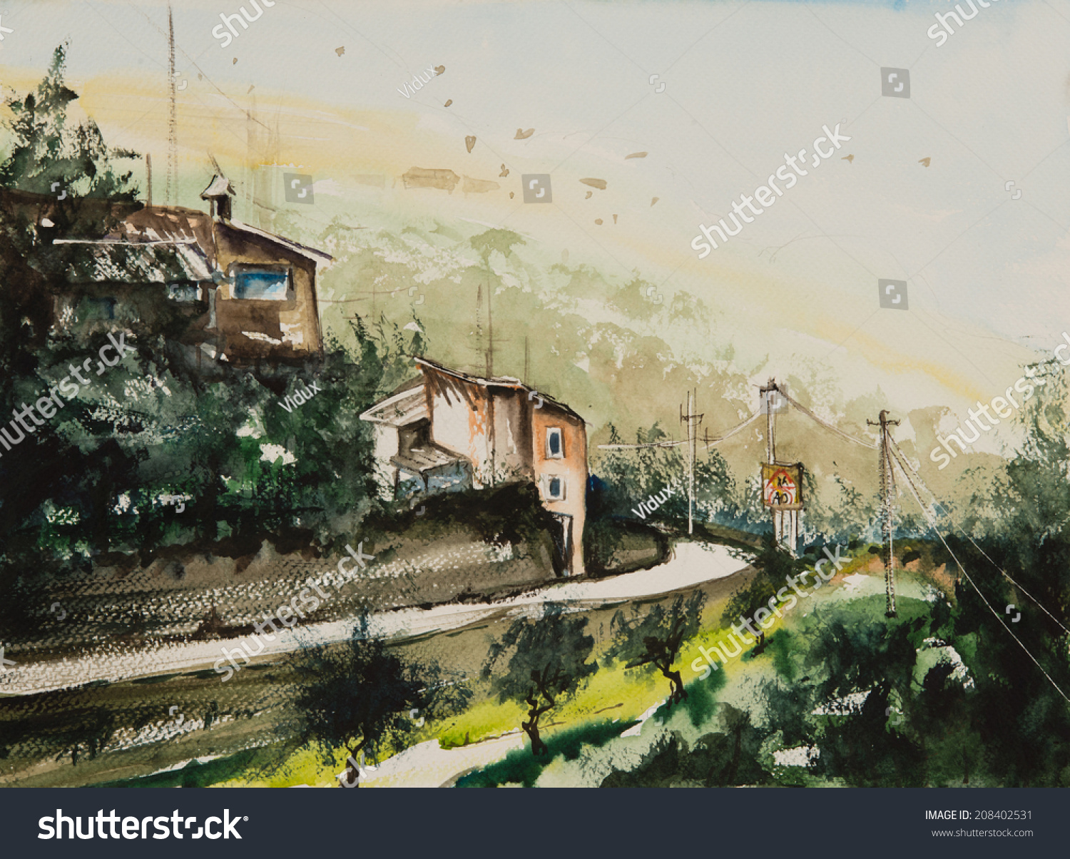 水的颜色画村有两个房子在路边和农业有树木的地方-艺术,公园/户外-海洛创意正版?#35745;?视频,音乐素材交易平台-Shutterstock中国独家合作伙伴-站酷旗下品牌