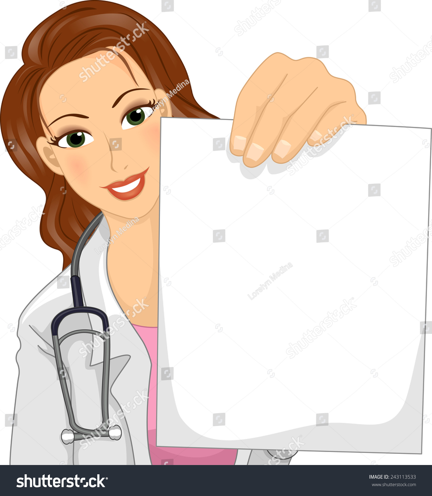 插图的女医生在实验室外套拿一张空白的纸
