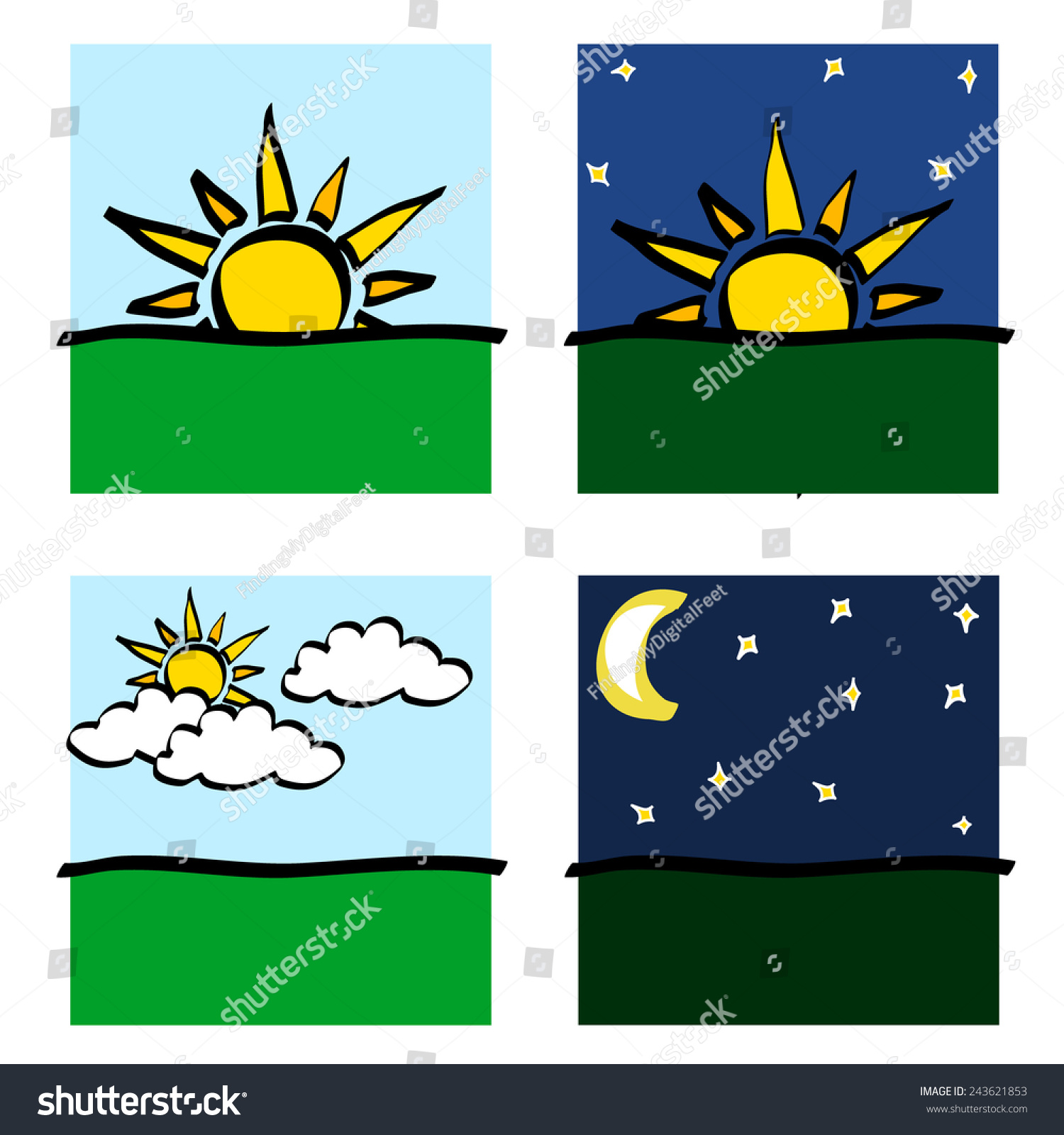 一天,日落,日出,太阳,月亮和卡通矢量风格的云图标-公园/户外-海洛