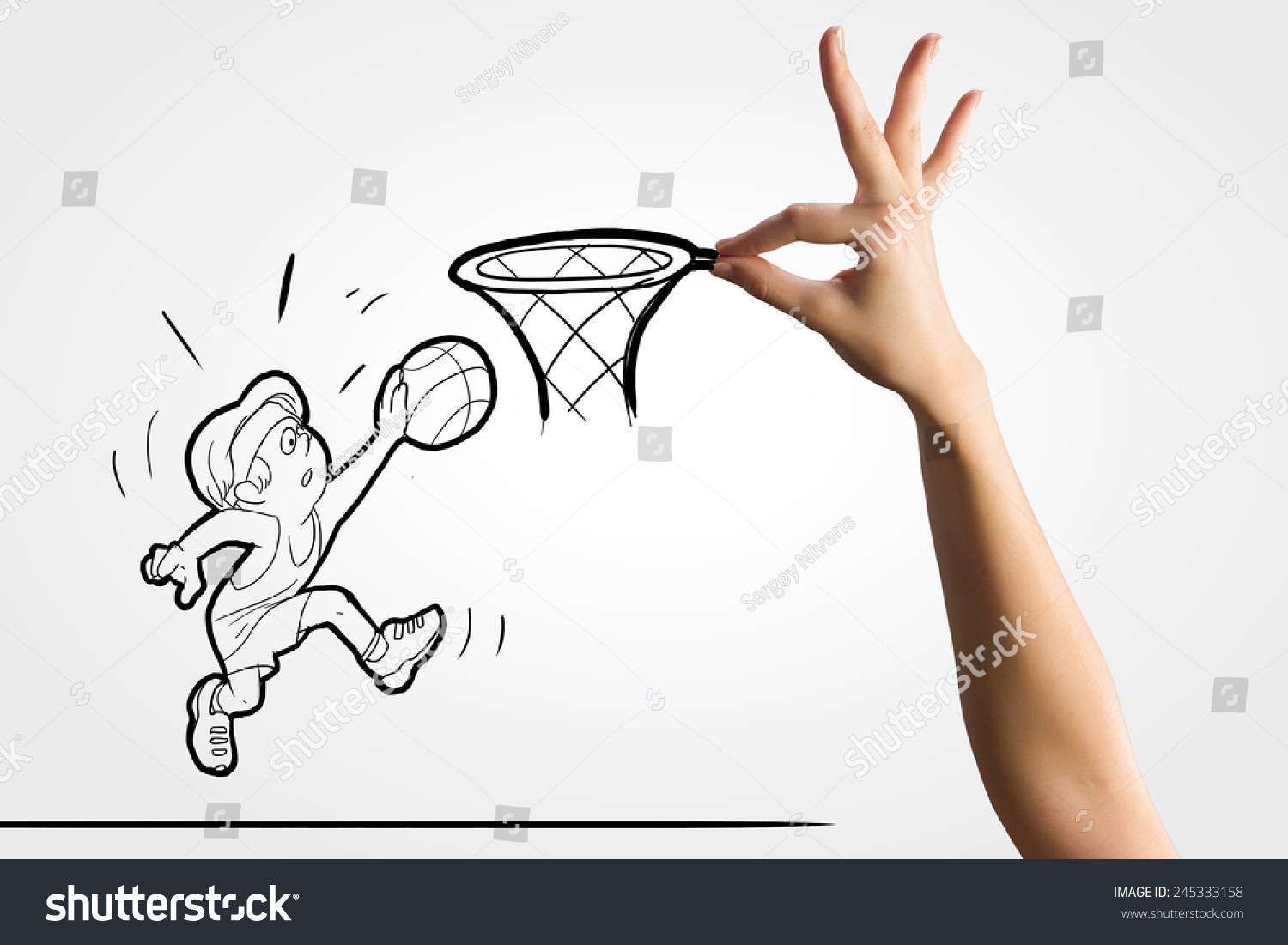 搞笑漫画的篮球运动员把球放在篮子里