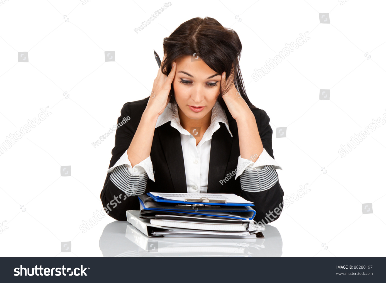 overworked business woman sitting at the desk with folder stack