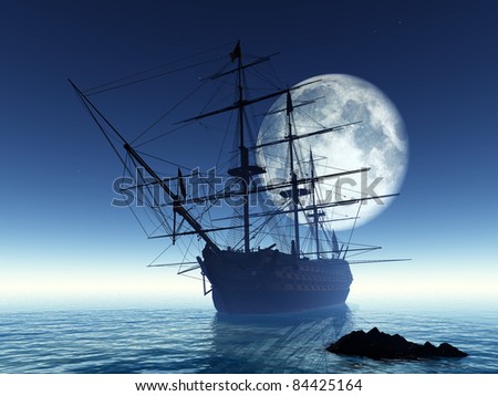 old ship with sails in the mist