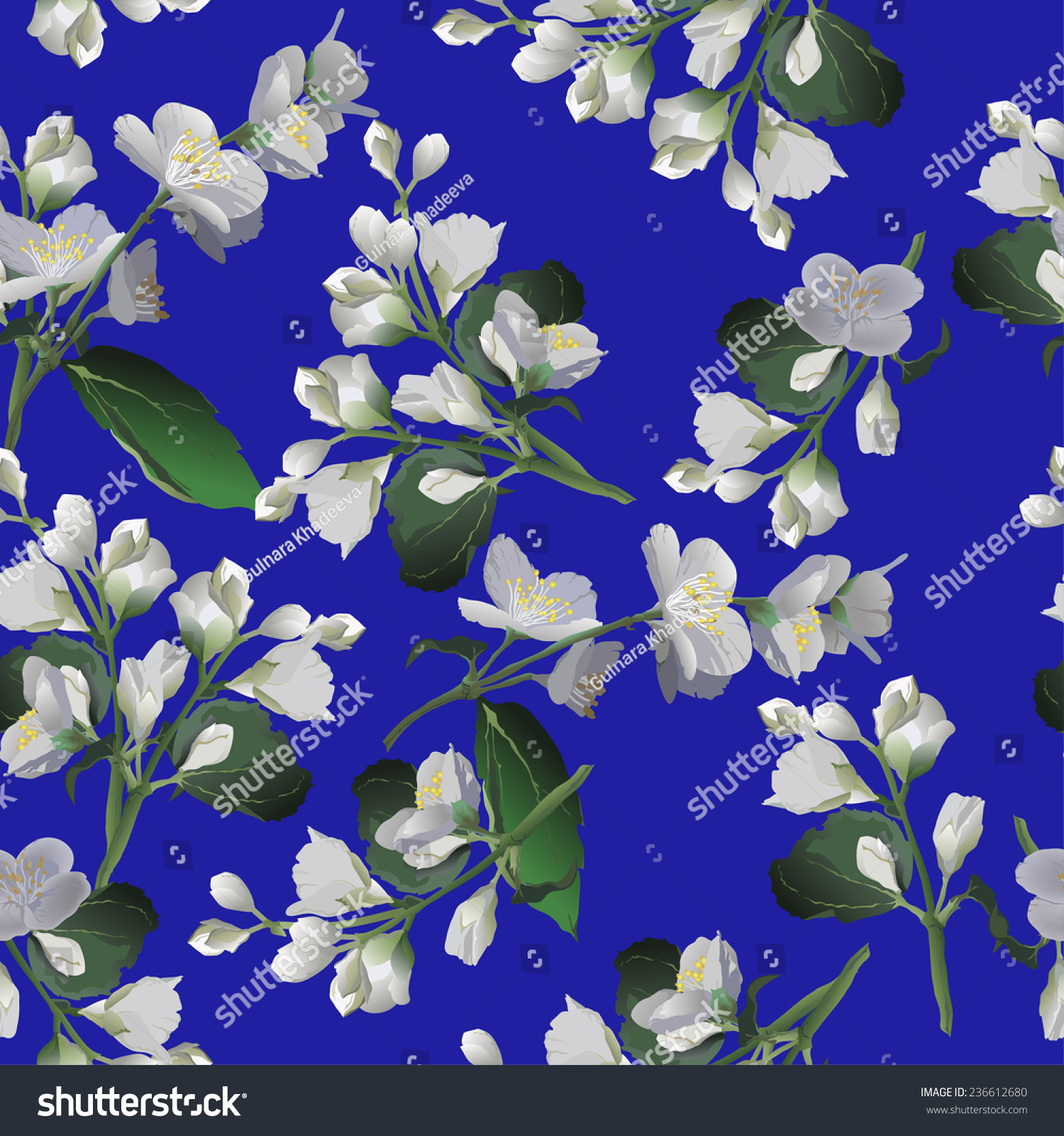 茉莉花在蓝色背景上的无缝图案.矢量插图-背景/素材,艺术-海洛创意(he