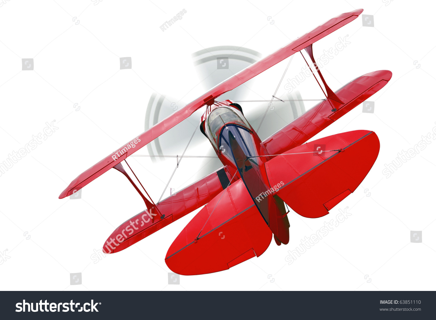 红色双翼飞机,螺旋桨的后视运动,孤立在白色的背景.